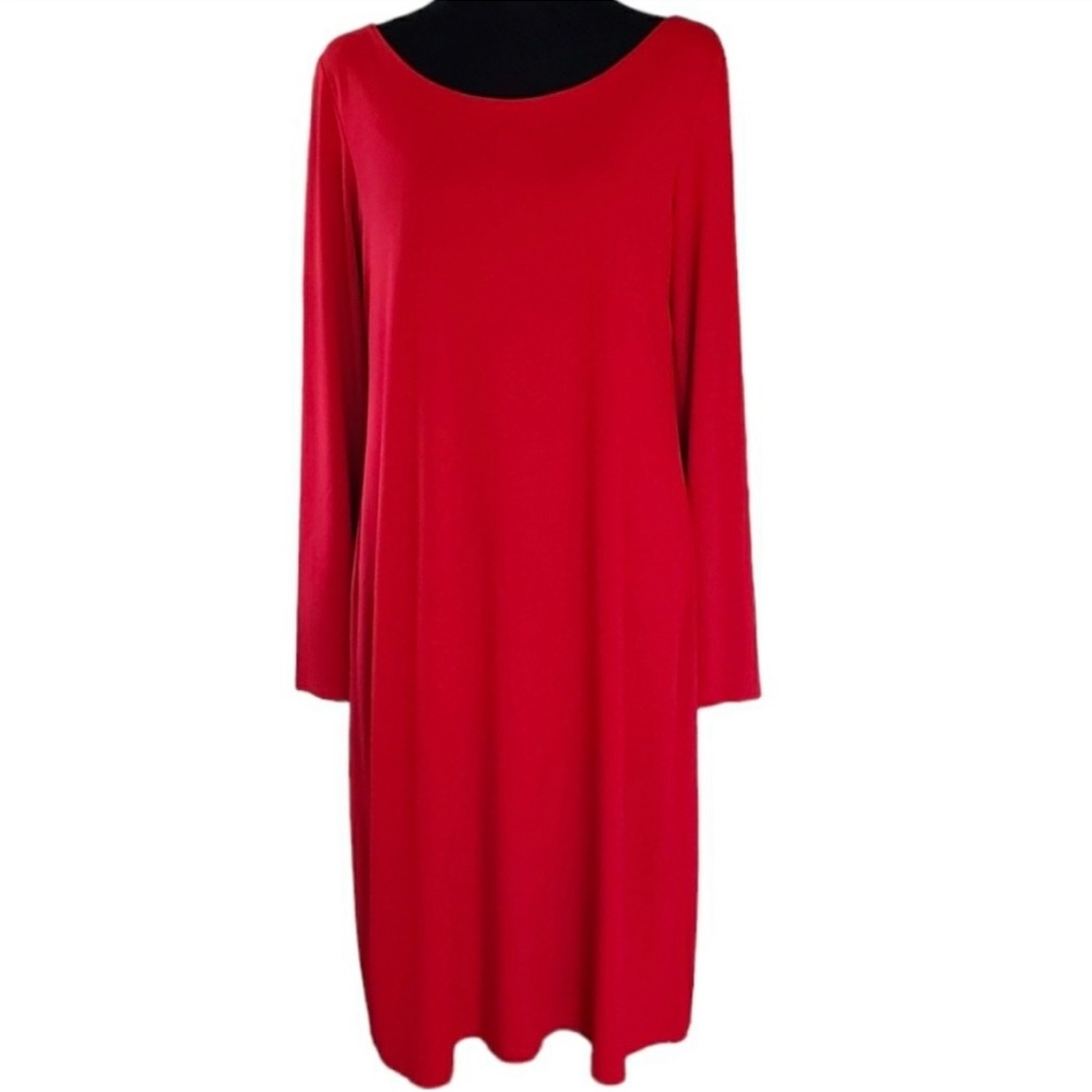 Eileen Fisher Medium Shift Dress Red Ballet Neck Cut Out Back Viscose Holiday